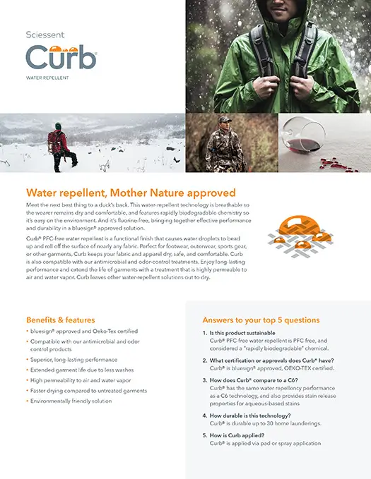 Sciessent Curb water repellent technology sell sheet.